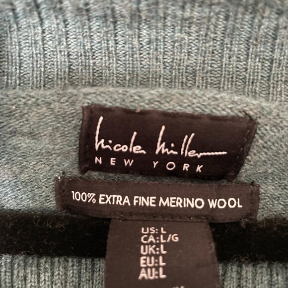 Merino Wool Cowl Neck Sweater by Nicole Miller New York - Size L - Blue/Green - Picture 3 of 3